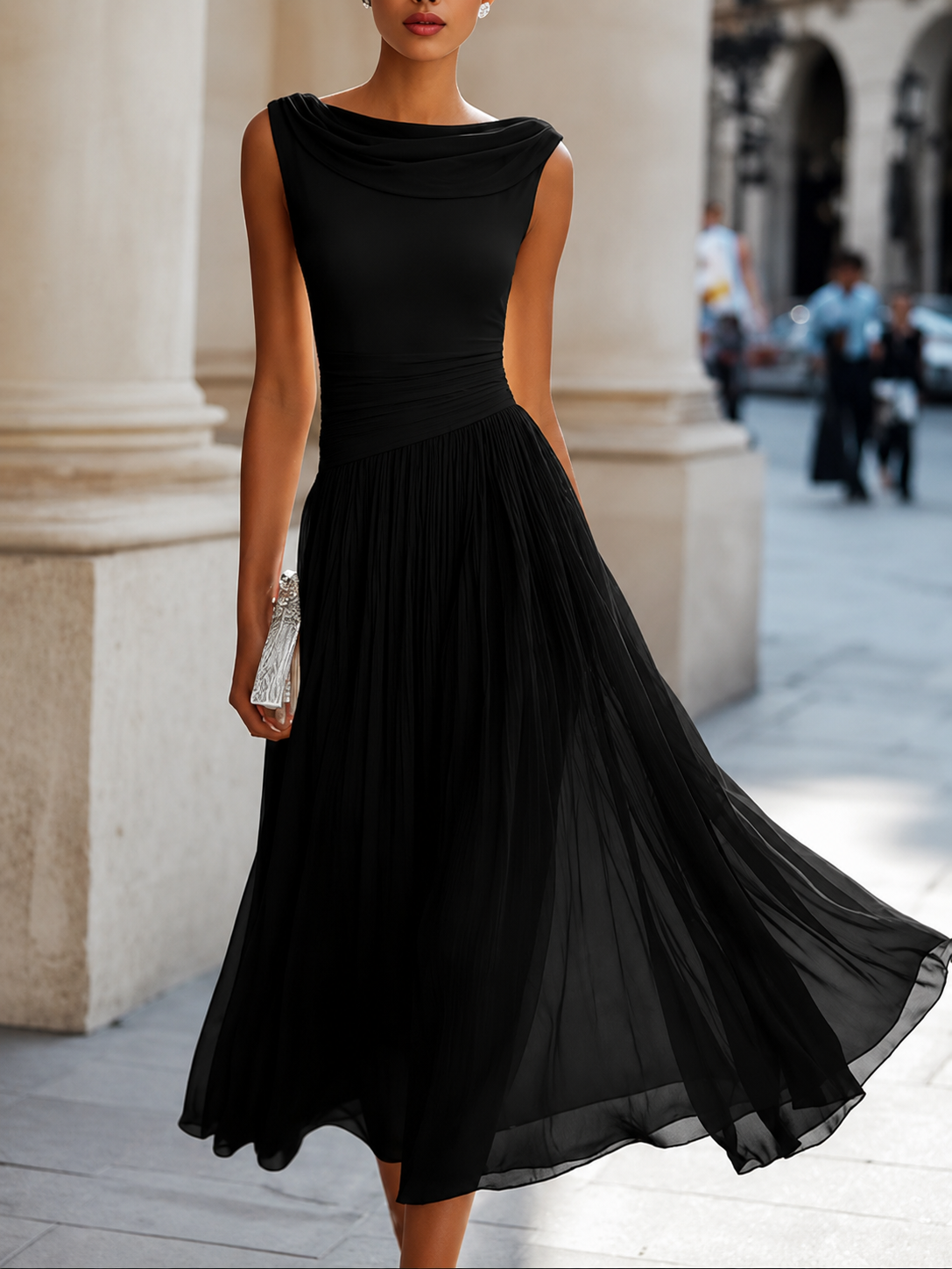 Women's Flowy Midi Dress with Sleeveless A-Line Fit