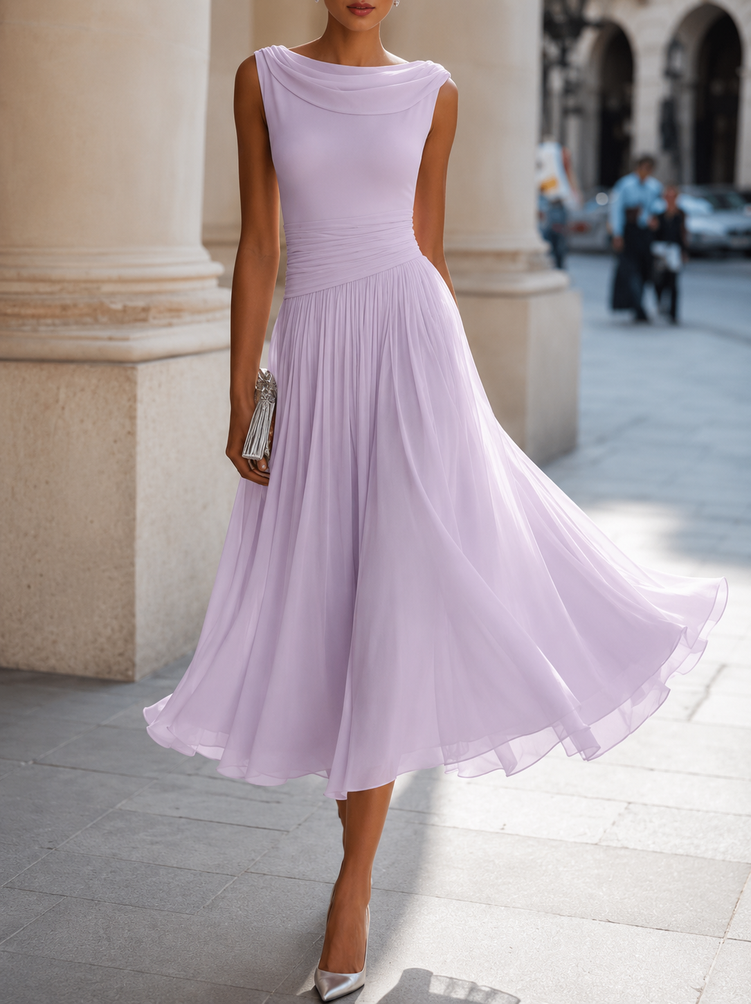 Women's Flowy Midi Dress with Sleeveless A-Line Fit