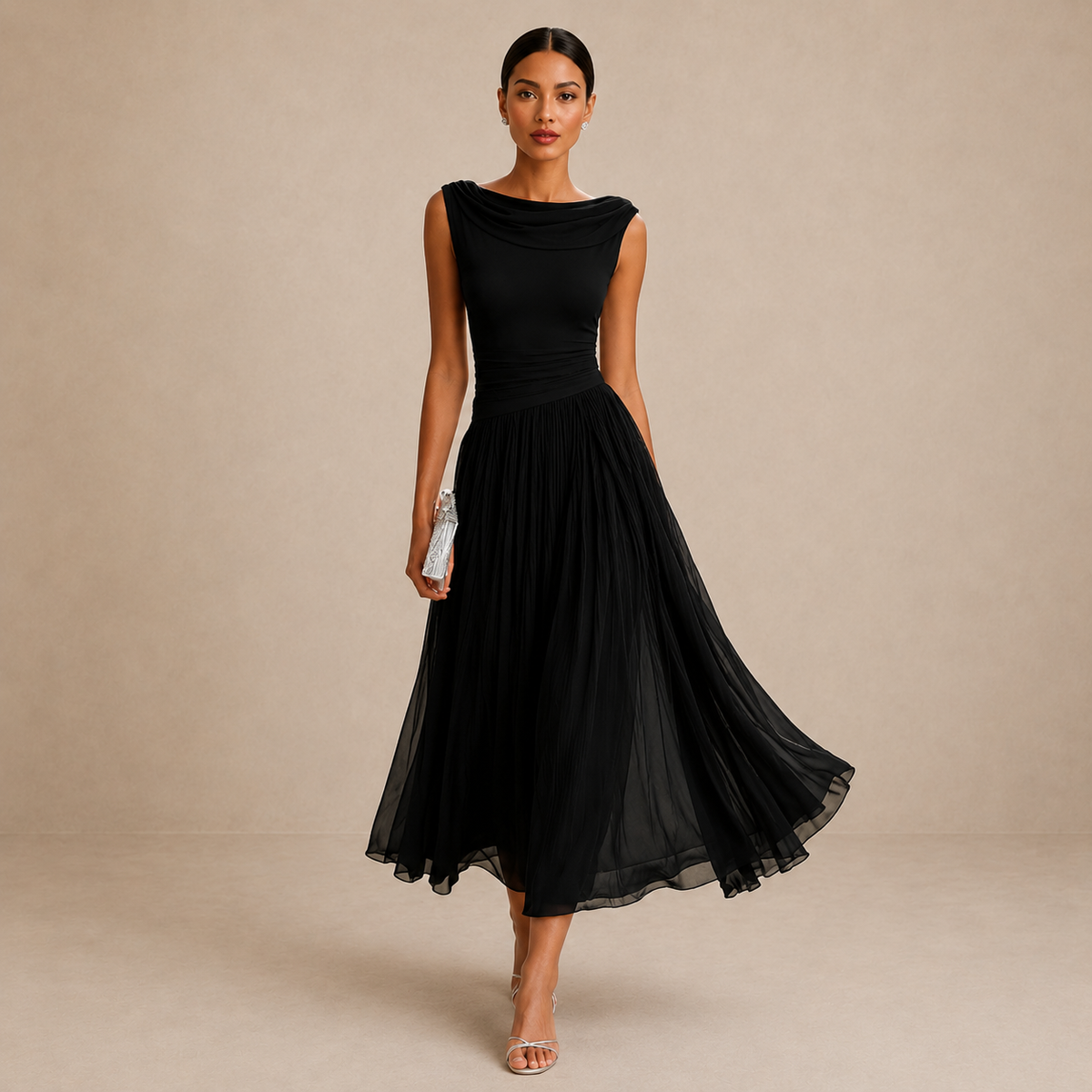 Women's Flowy Midi Dress with Sleeveless A-Line Fit
