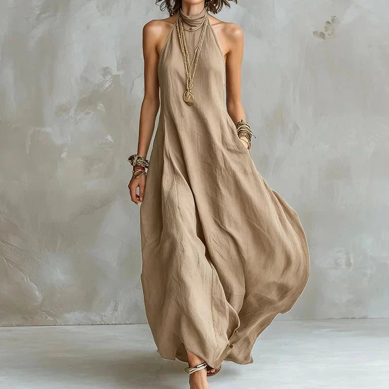Women's Flowy Maxi Dress with Halter Neck and A-Line Fit