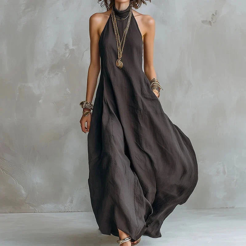 Women's Flowy Maxi Dress with Halter Neck and A-Line Fit