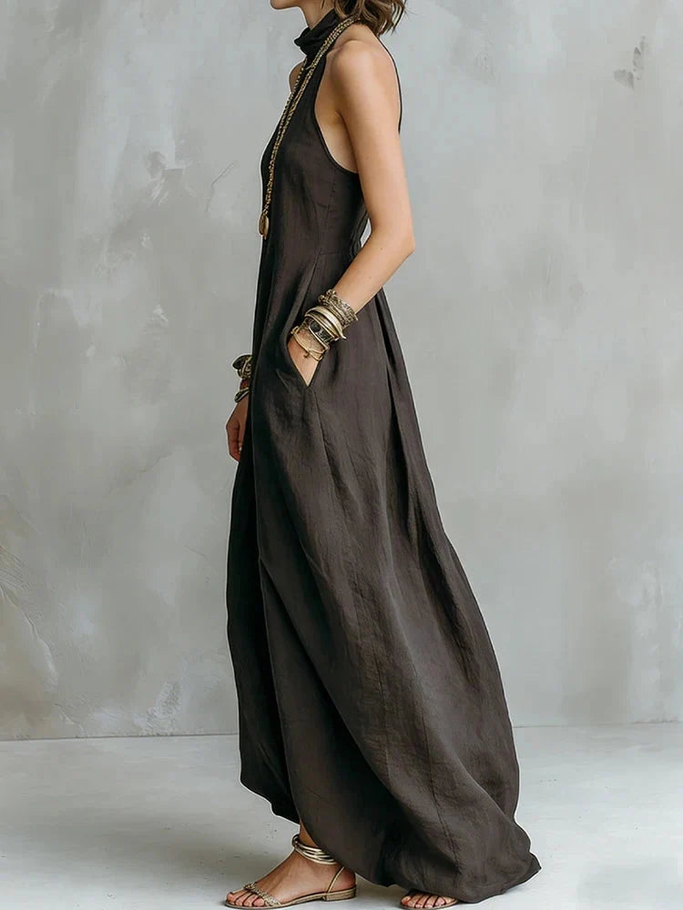 Women's Flowy Maxi Dress with Halter Neck and A-Line Fit