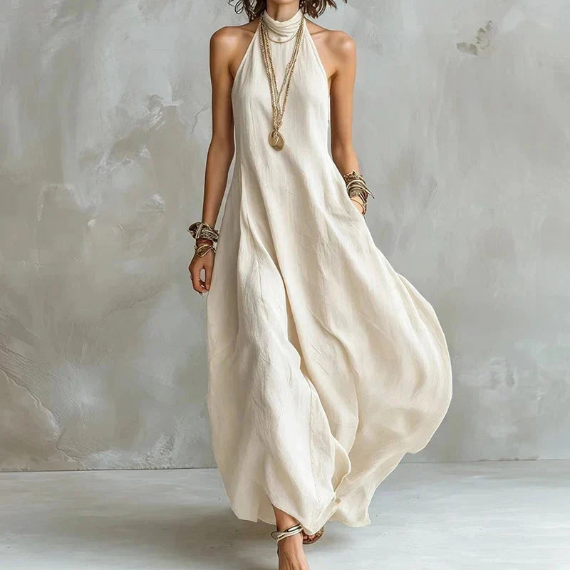 Women's Flowy Maxi Dress with Halter Neck and A-Line Fit