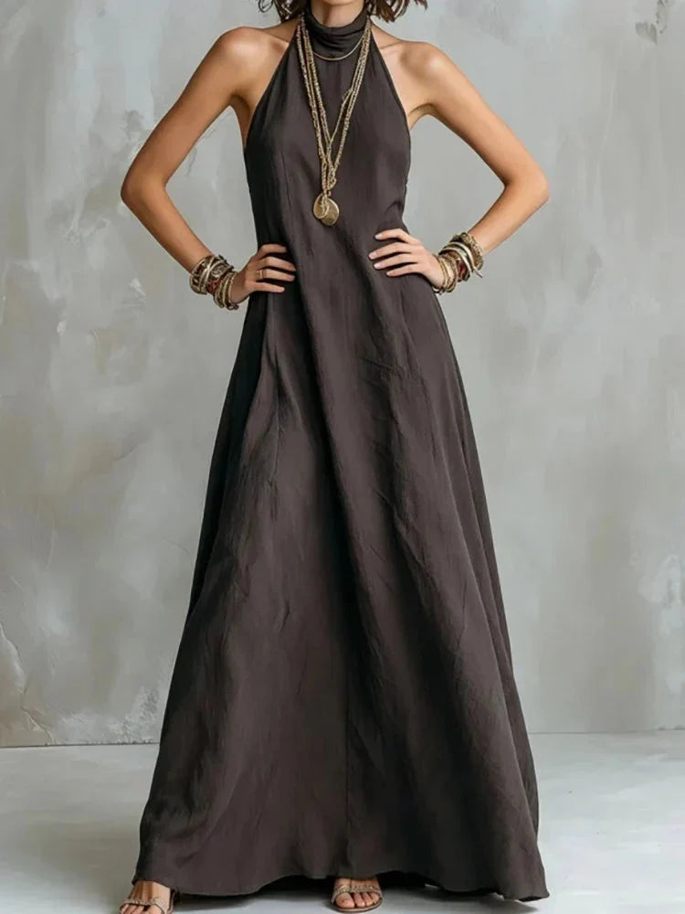 Women's Flowy Maxi Dress with Halter Neck and A-Line Fit