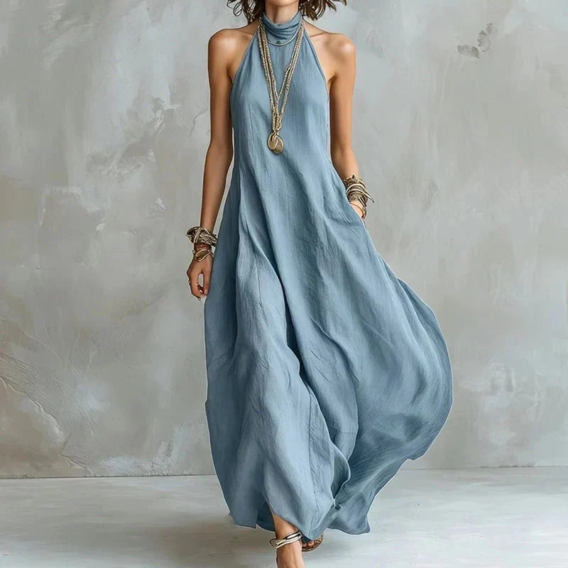 Women's Flowy Maxi Dress with Halter Neck and A-Line Fit