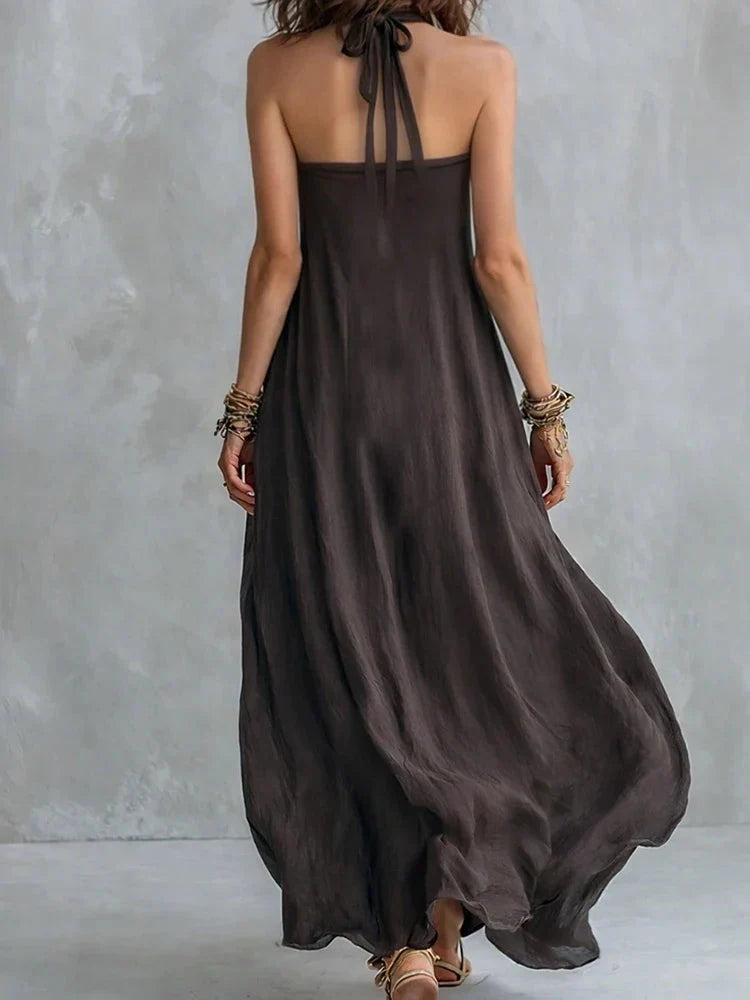Women's Flowy Maxi Dress with Halter Neck and A-Line Fit