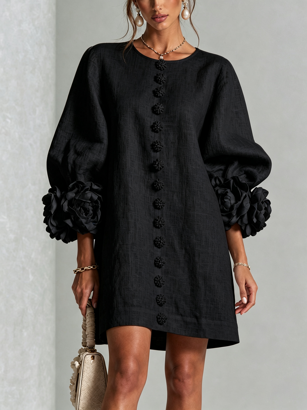Women's Sculptural Mini Party Dress with Puff Sleeves