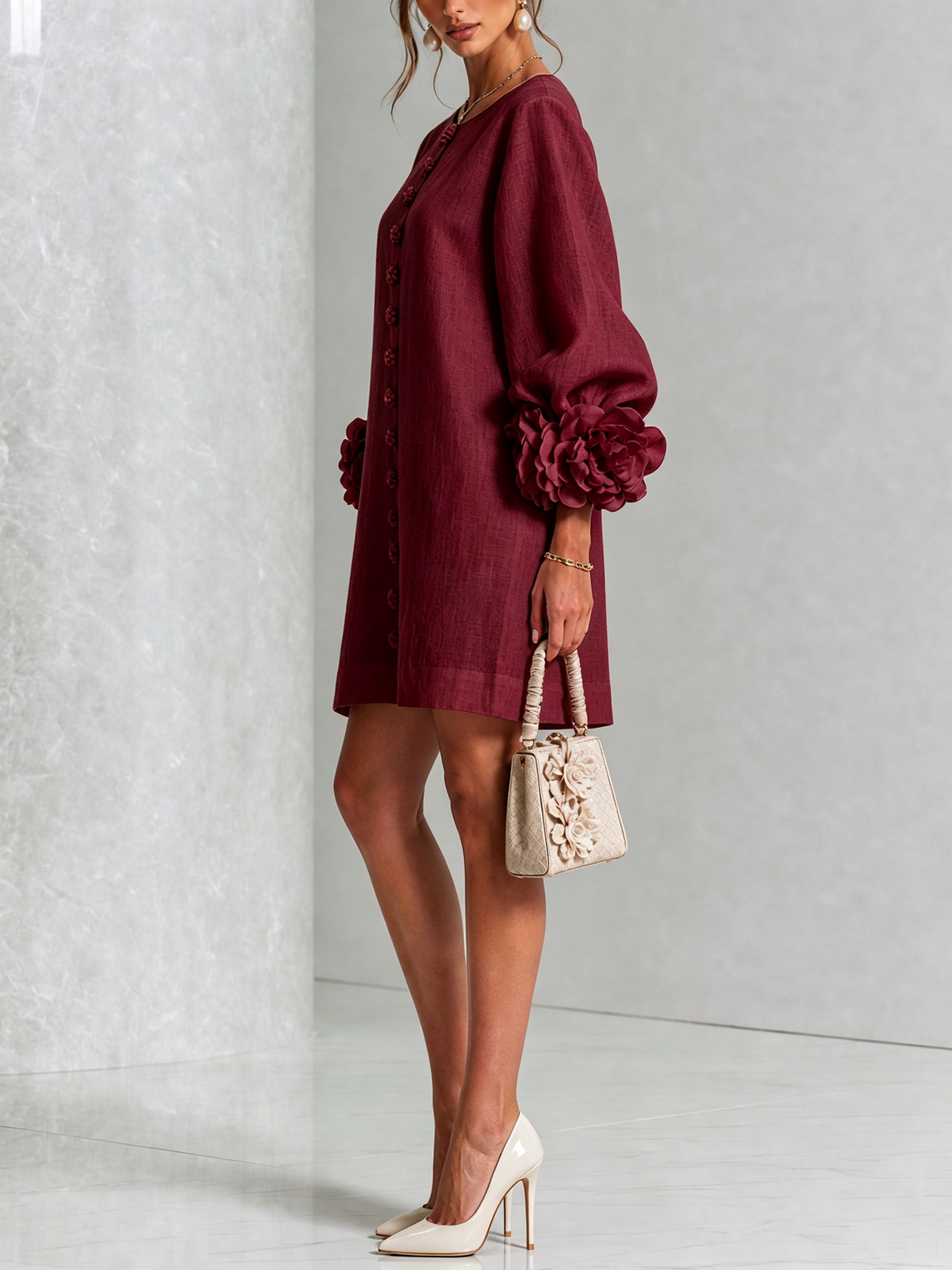 Women's Sculptural Mini Party Dress with Puff Sleeves