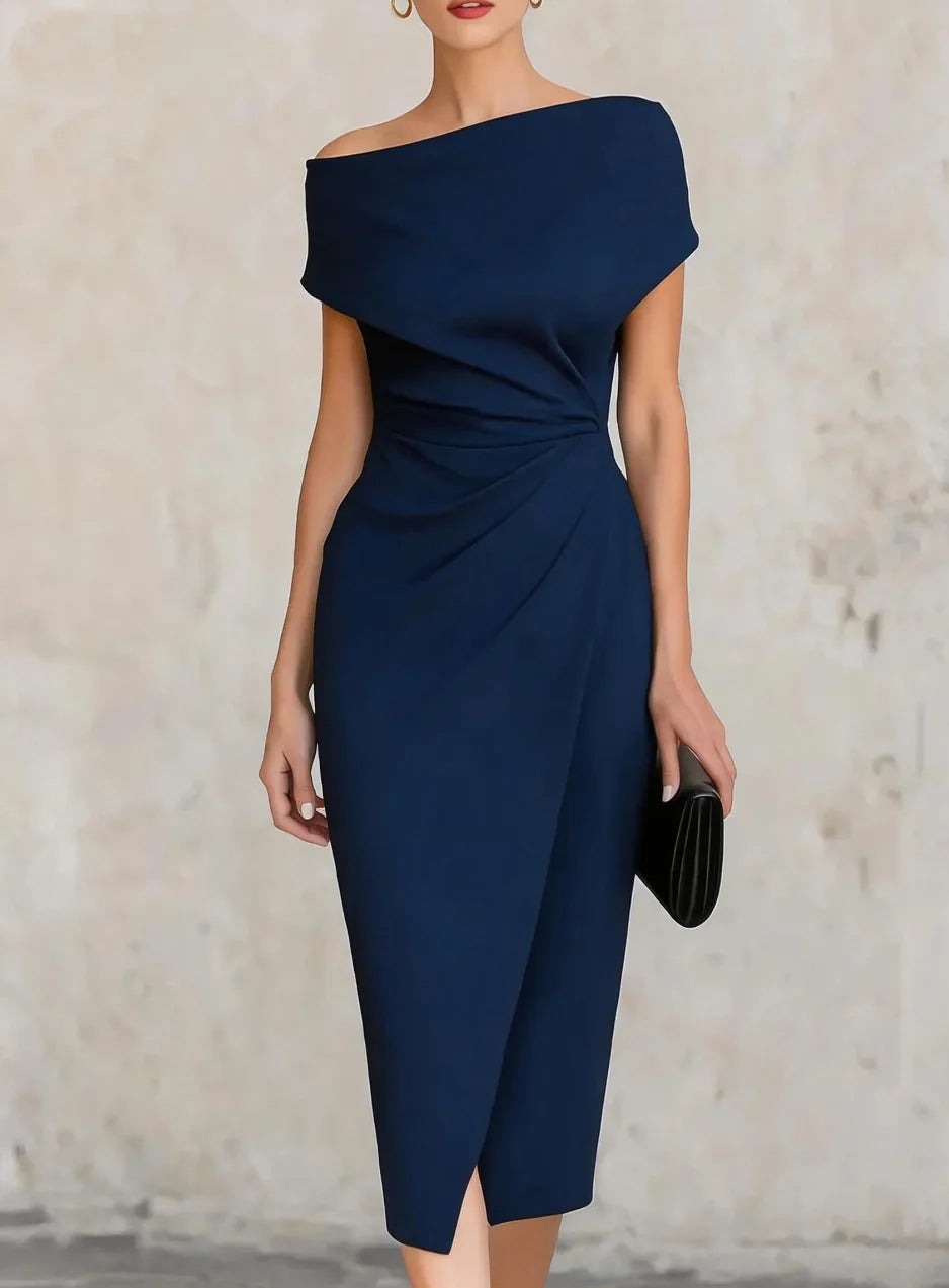 Women's Wedding Guest Satin Dress with Bodycon Midi Fit