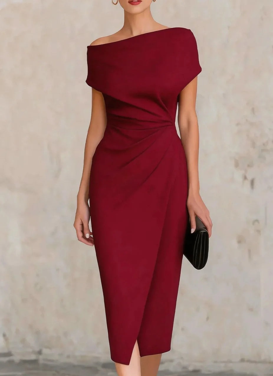 Women's Wedding Guest Satin Dress with Bodycon Midi Fit
