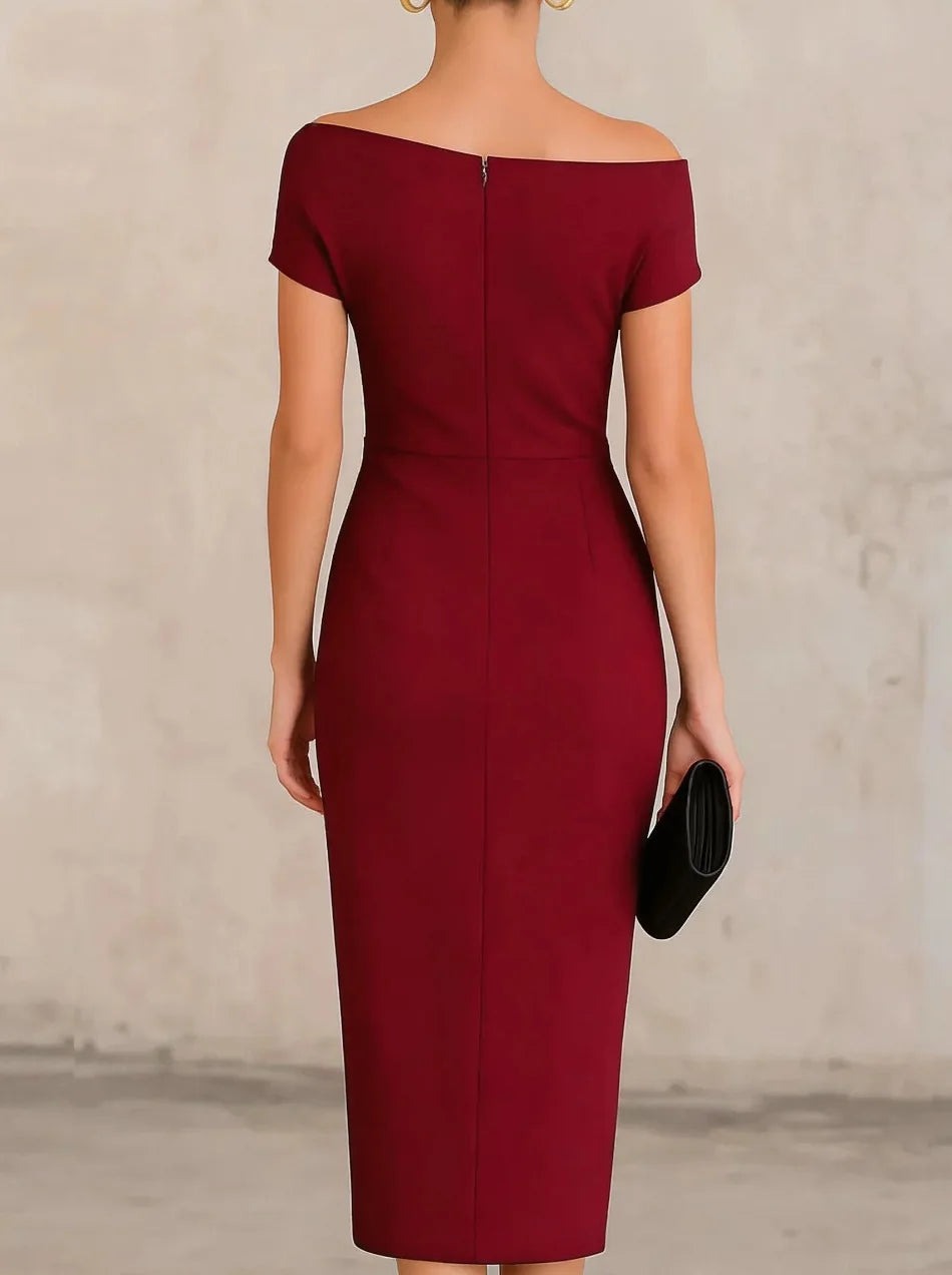 Women's Wedding Guest Satin Dress with Bodycon Midi Fit