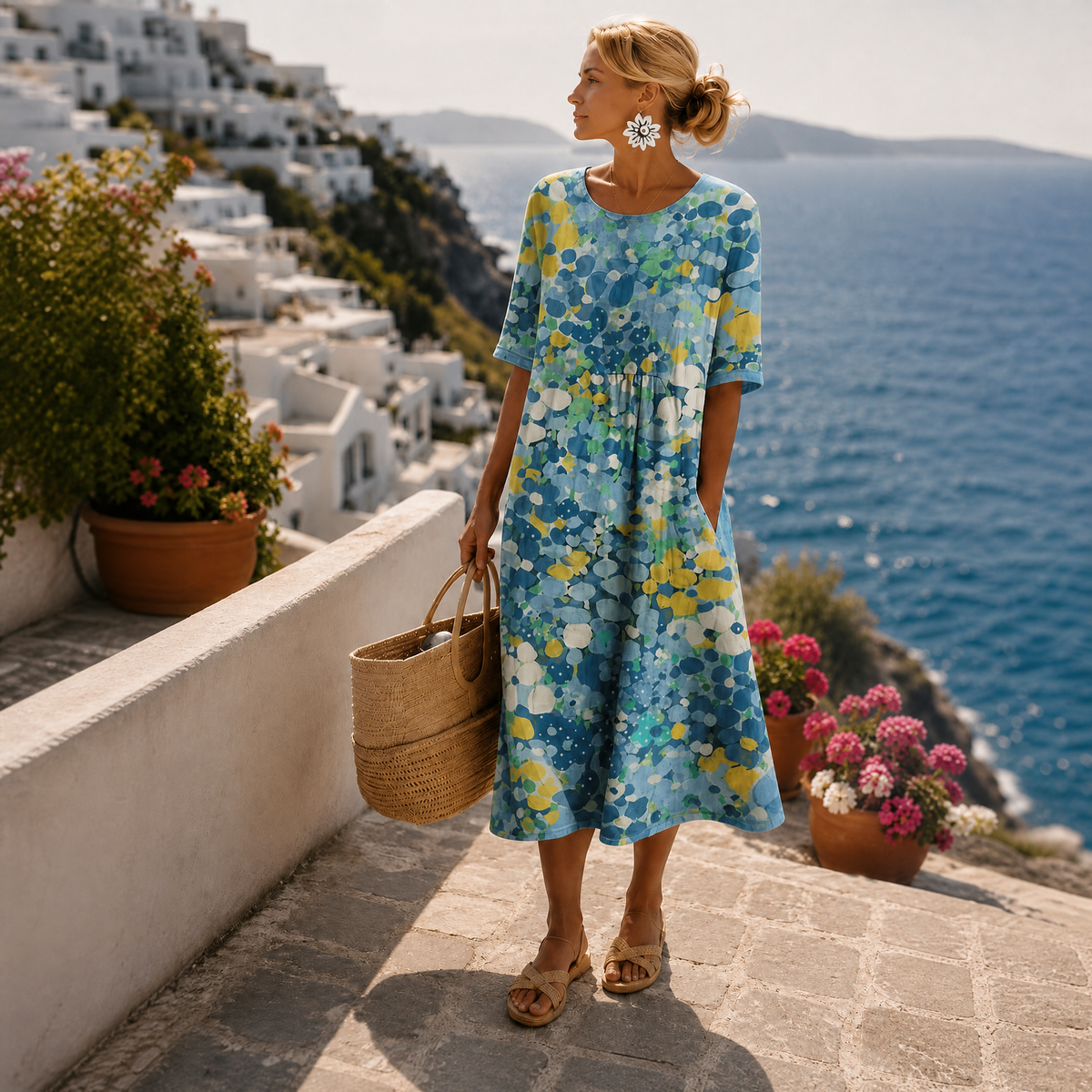 Women's Floral Midi Beach Dress with Light Flowy Fit