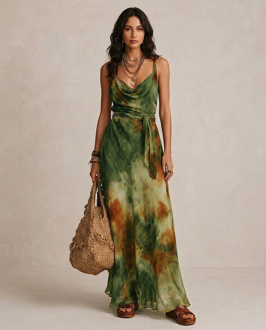 Women's Abstract Print Maxi Dress with Flowy A-Line Fit