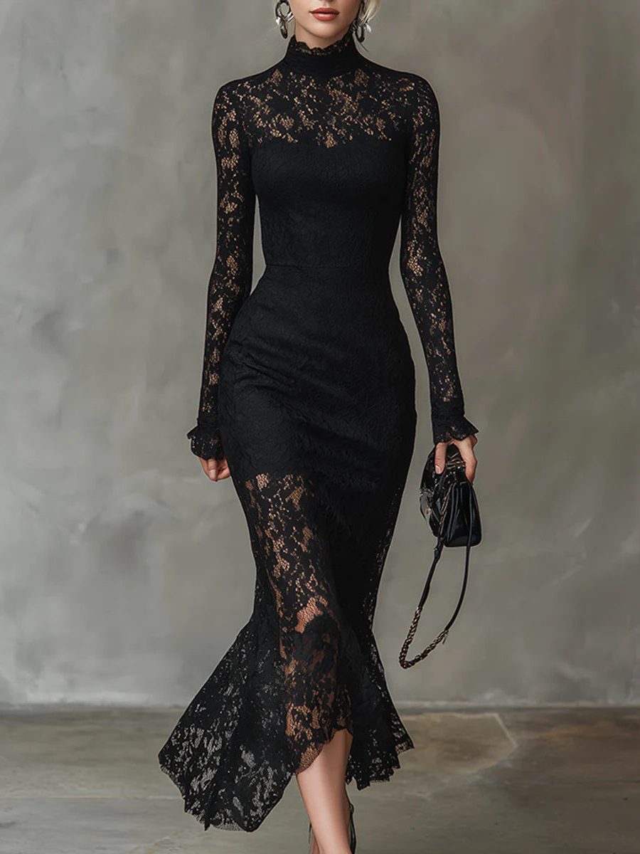Women's Black Christmas Party Cocktail Dress with Long Sleeves