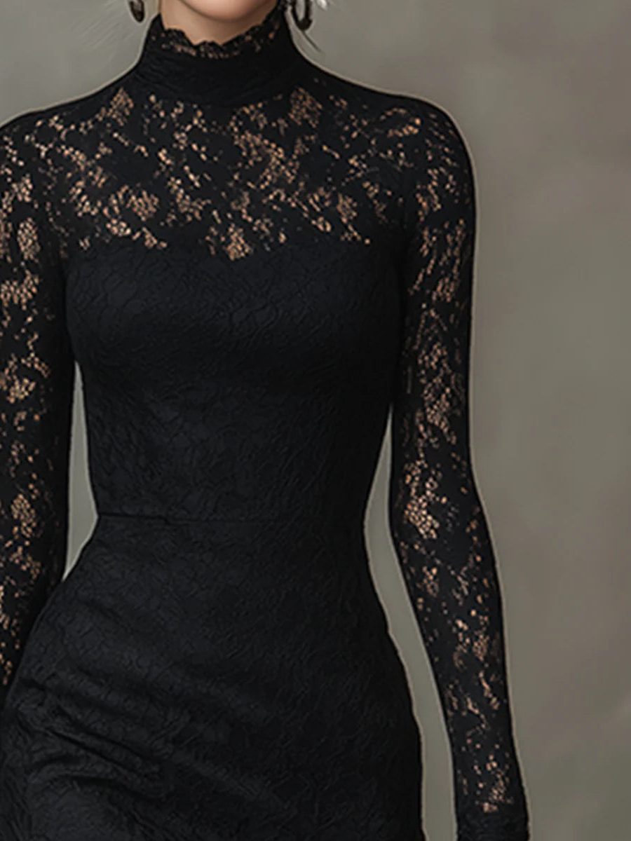 Women's Black Christmas Party Cocktail Dress with Long Sleeves