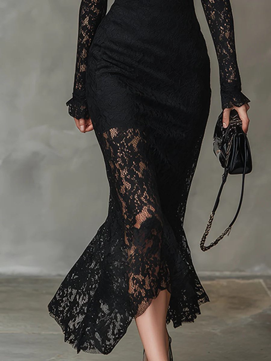 Women's Black Christmas Party Cocktail Dress with Long Sleeves
