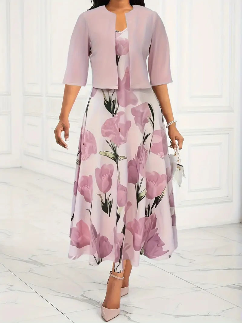 Women's Floral Midi Dress Set with Matching Blazer