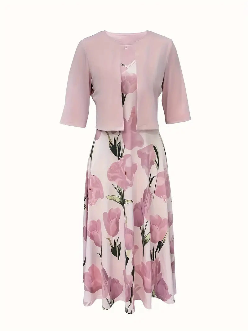 Women's Floral Midi Dress Set with Matching Blazer