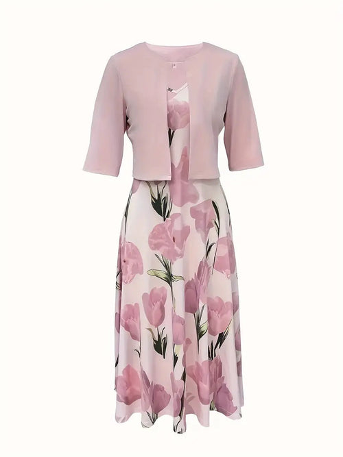 Women's Floral Midi Dress Set with Matching Blazer