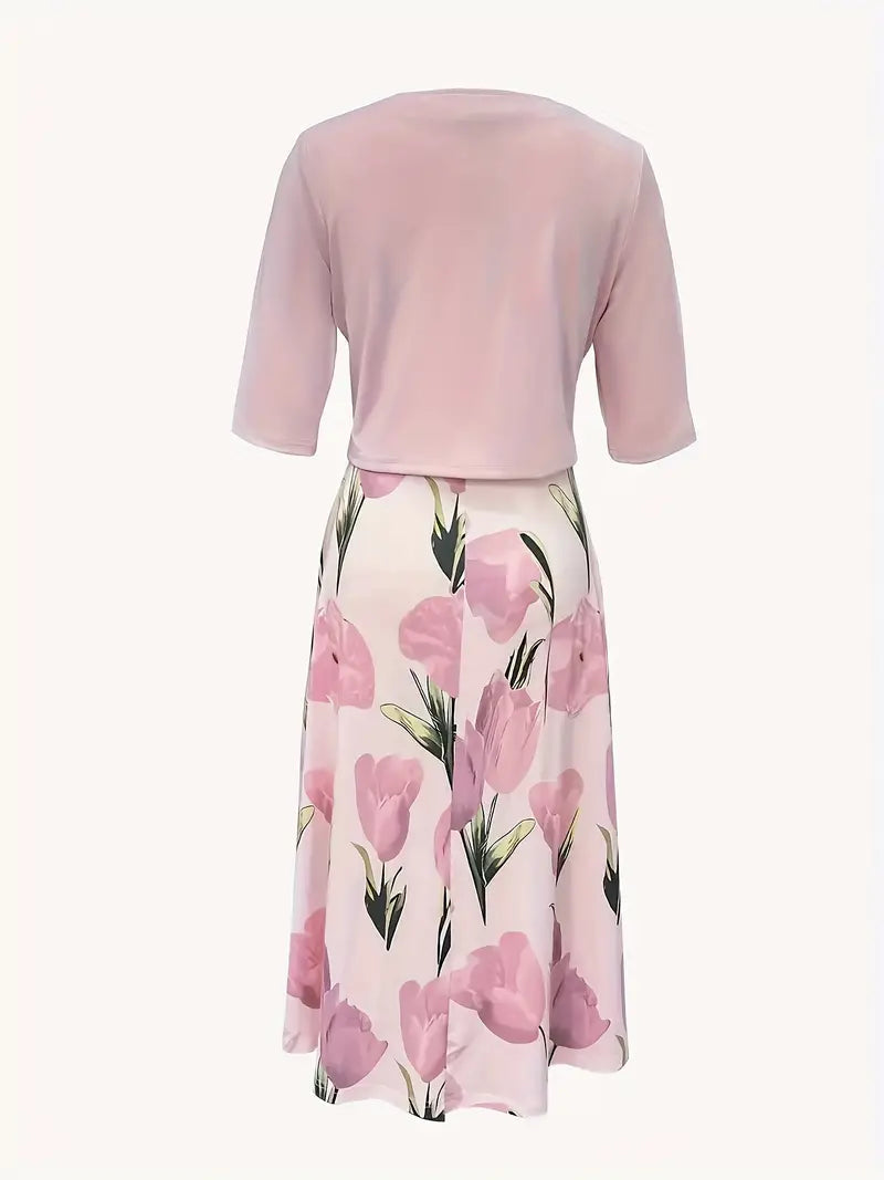 Women's Floral Midi Dress Set with Matching Blazer