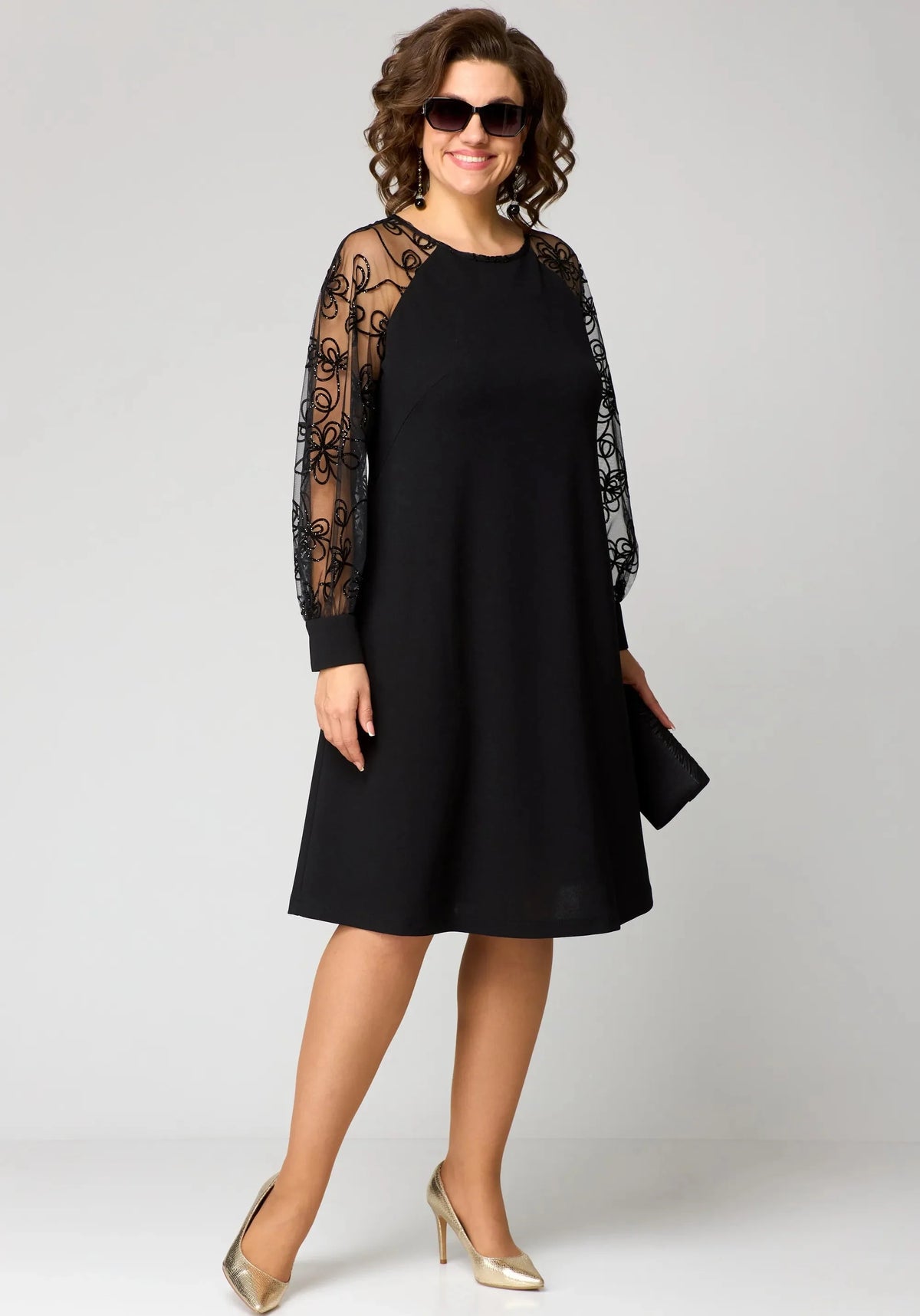 Women’s Black Lace Midi Cocktail Dress with Floral Long Sleeves