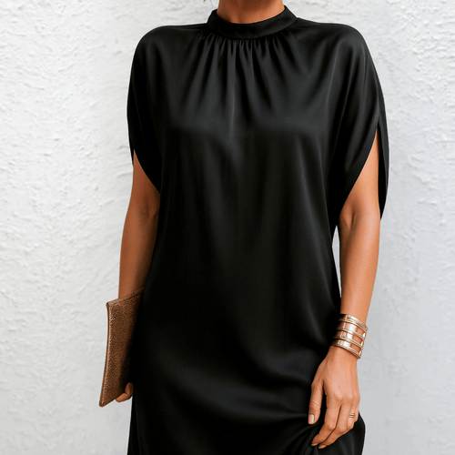 Women's Black Satin Mini Dress Silky Crew Neck Short Sleeve Cocktail Party Slit Draped Night Out Elegant - image 2