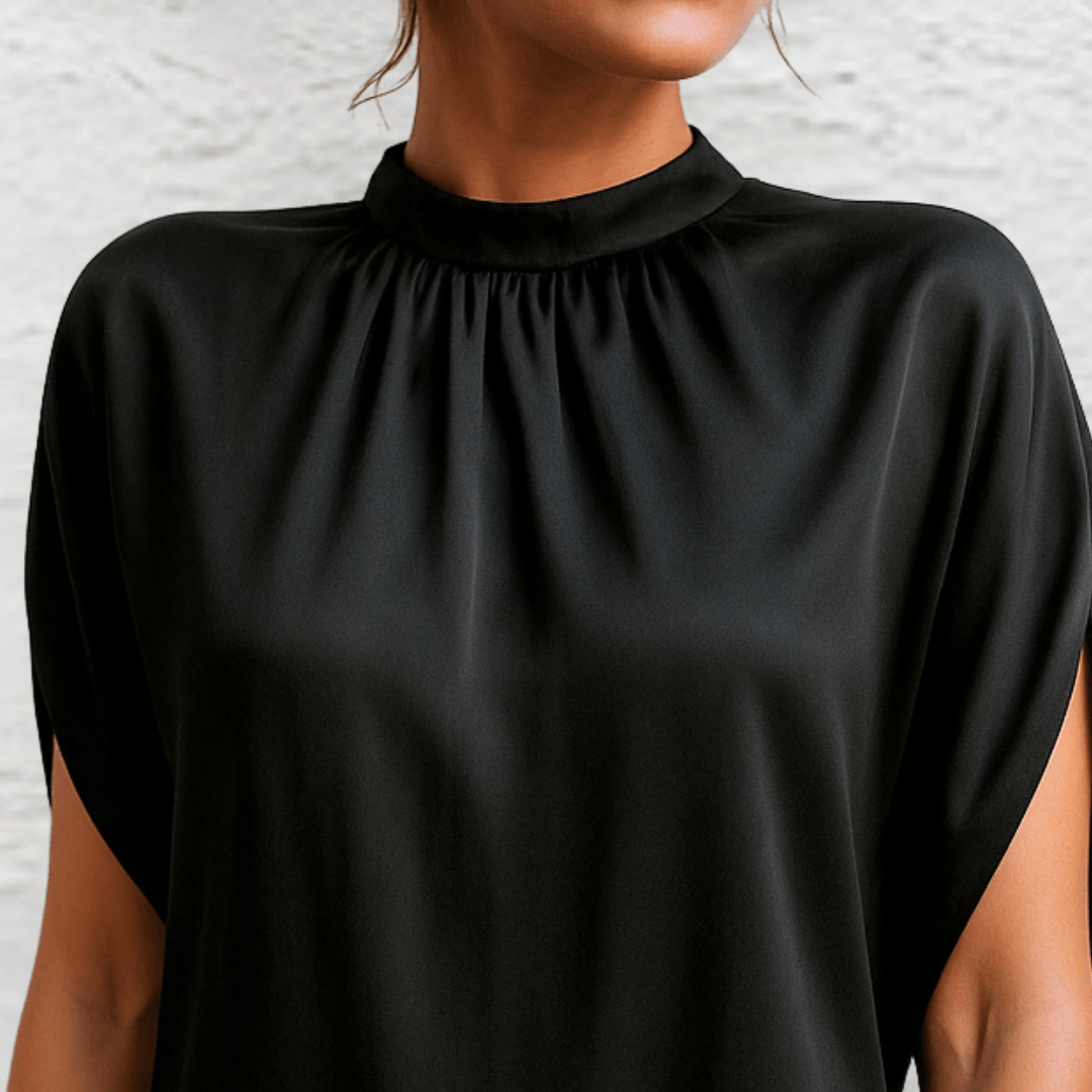 Women's Black Satin Mini Dress Silky Crew Neck Short Sleeve Cocktail Party Slit Draped Night Out Elegant - image 4
