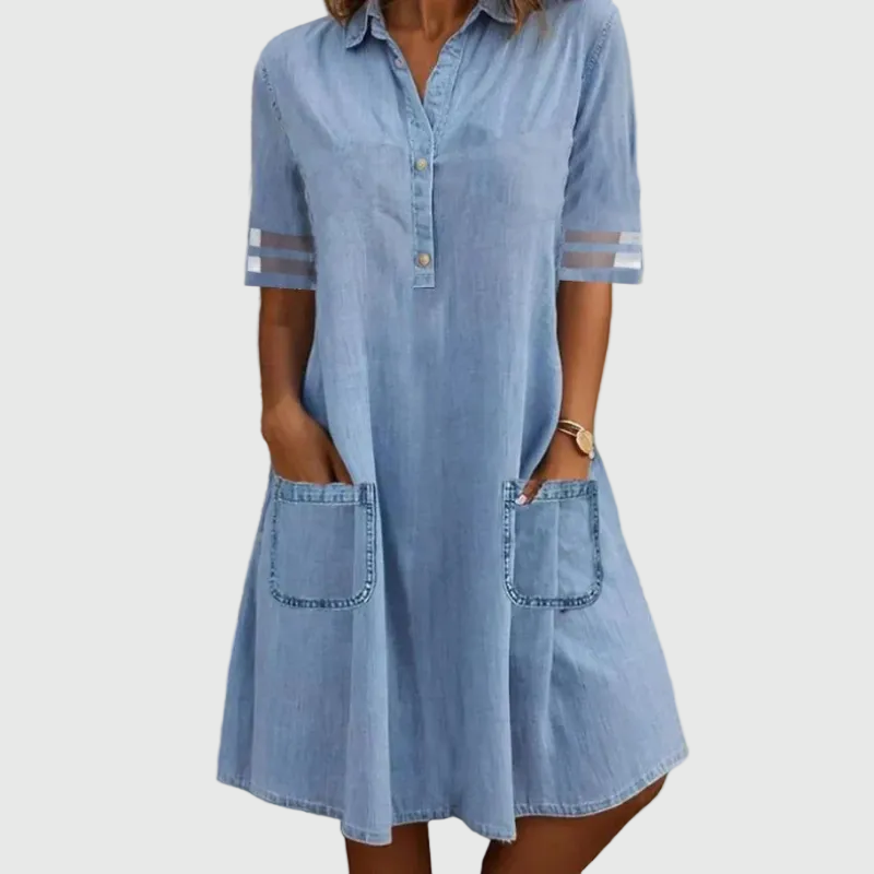 Women's Blue Denim Shirt Dress Mini Button Front Short Sleeve Collared Flowy Summer Pockets Casual