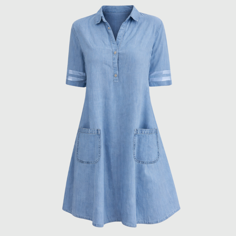 Women's Blue Denim Shirt Dress Mini Button Front Short Sleeve Collared Flowy Summer Pockets Casual - image 2