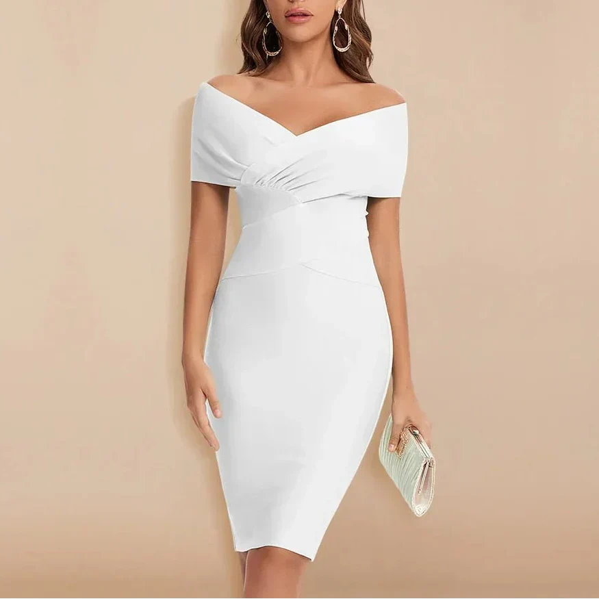 Women's Bodycon Midi Dress Strapless Off Shoulder V Neck Cocktail Wedding Guest Semi Formal Fitted Elegant - image 1