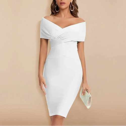 Women's Bodycon Midi Dress Strapless Off Shoulder V Neck Cocktail Wedding Guest Semi Formal Fitted Elegant - image 1