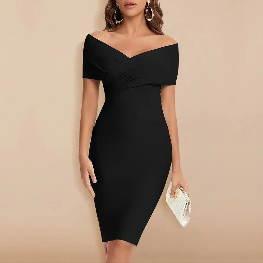 Women's Bodycon Midi Dress Strapless Off Shoulder V Neck Cocktail Wedding Guest Semi Formal Fitted Elegant