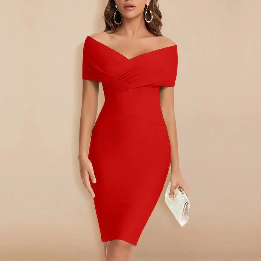 Women's Bodycon Midi Dress Strapless Off Shoulder V Neck Cocktail Wedding Guest Semi Formal Fitted Elegant