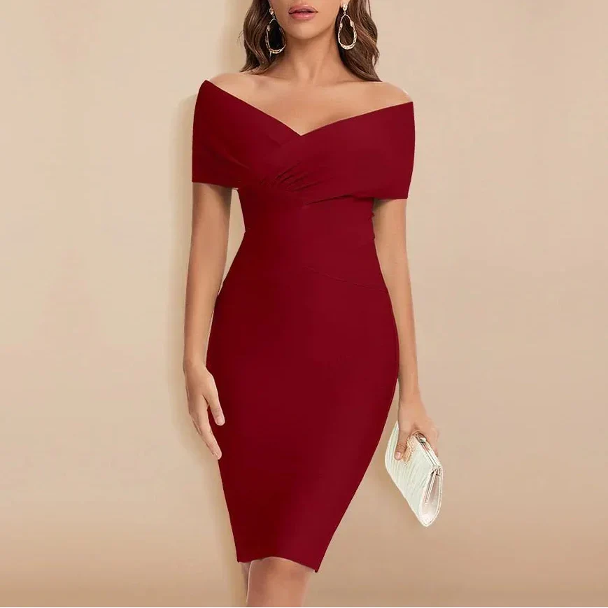 Women's Bodycon Midi Dress Strapless Off Shoulder V Neck Cocktail Wedding Guest Semi Formal Fitted Elegant