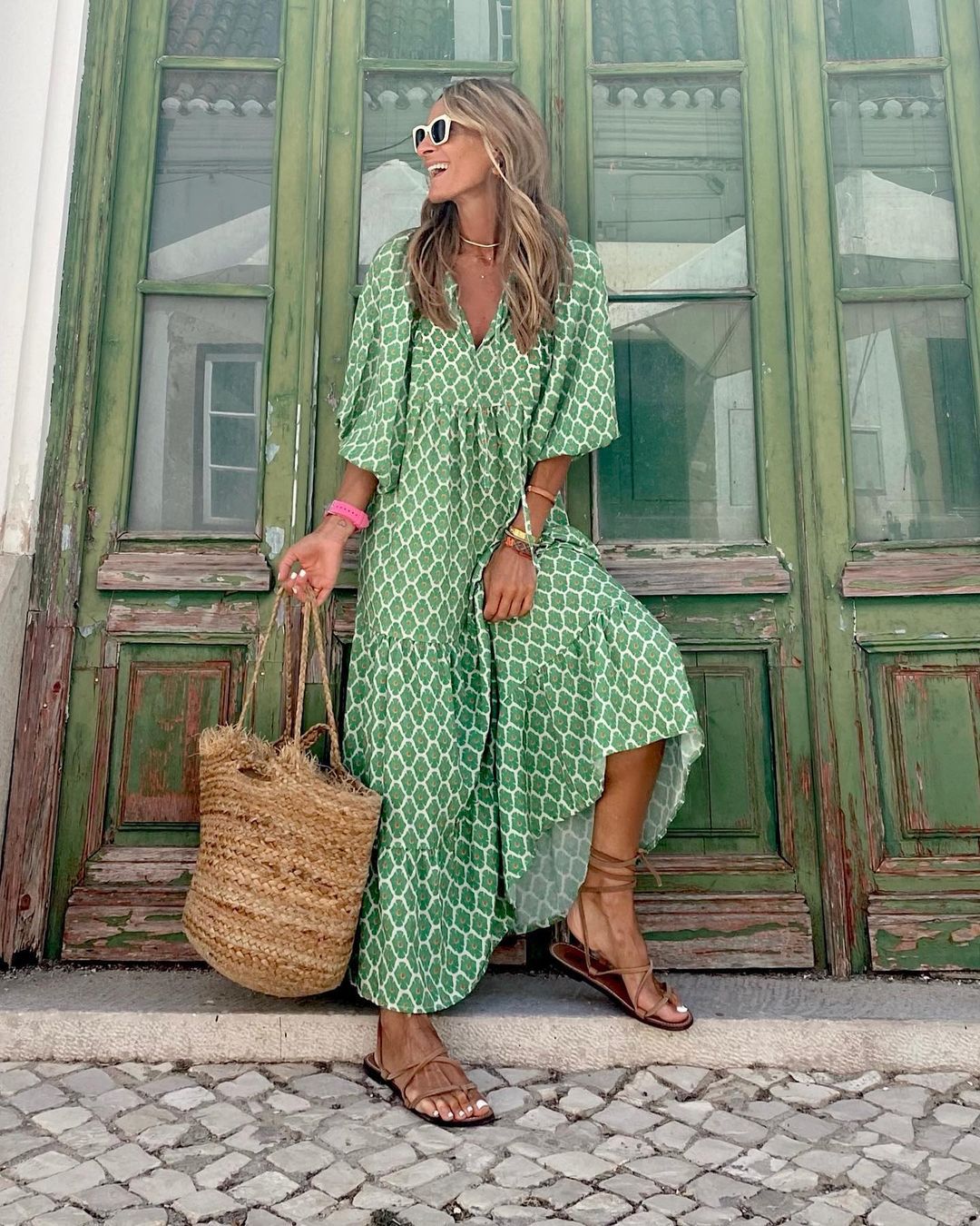 Women's Boho Maxi Dress Summer Sundress Beach Long Flowy Print V Neck Short Sleeve Tiered - image 2