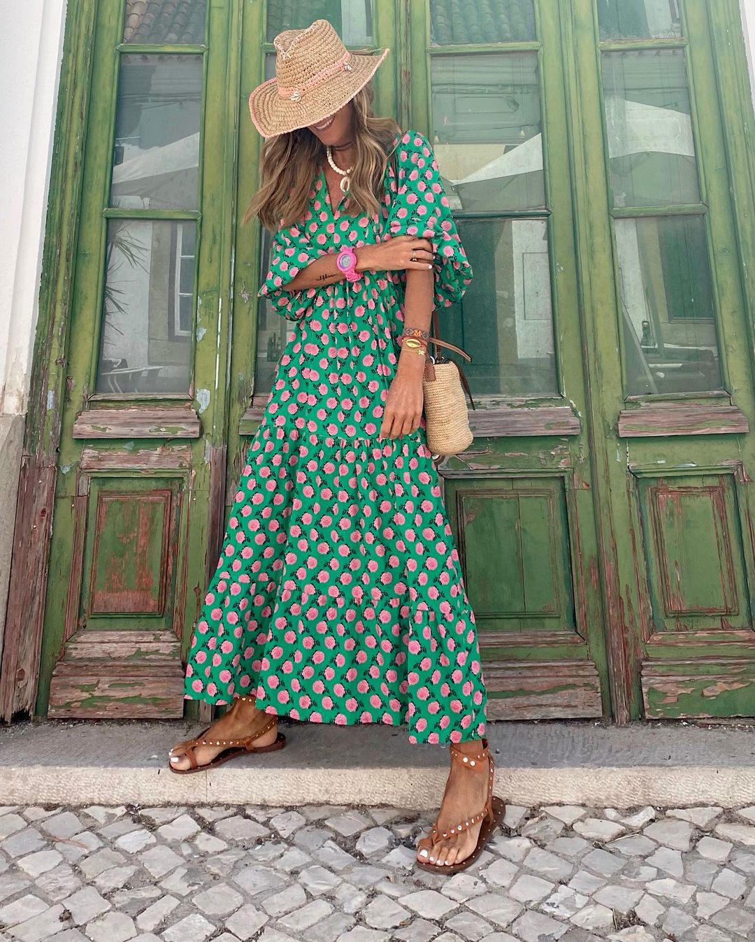 Women's Boho Maxi Dress Summer Sundress Beach Long Flowy Print V Neck Short Sleeve Tiered - image 5