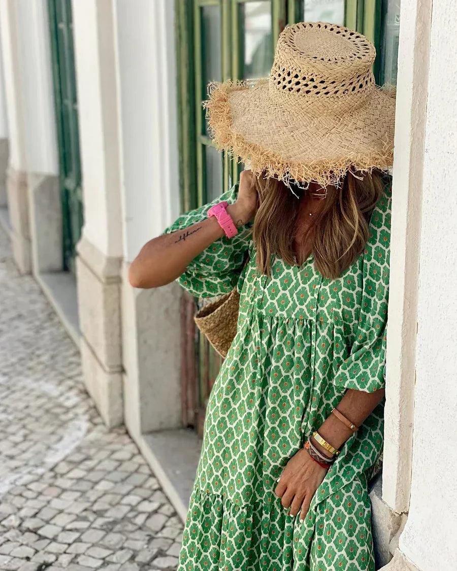 Women's Boho Maxi Dress Summer Sundress Beach Long Flowy Print V Neck Short Sleeve Tiered - image 6