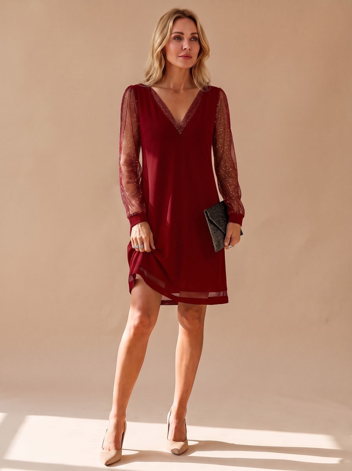 Women's Christmas Party Dress V Neck Glitter Mesh Long Sleeve Mini Cocktail Sparkly Bodycon - image 2