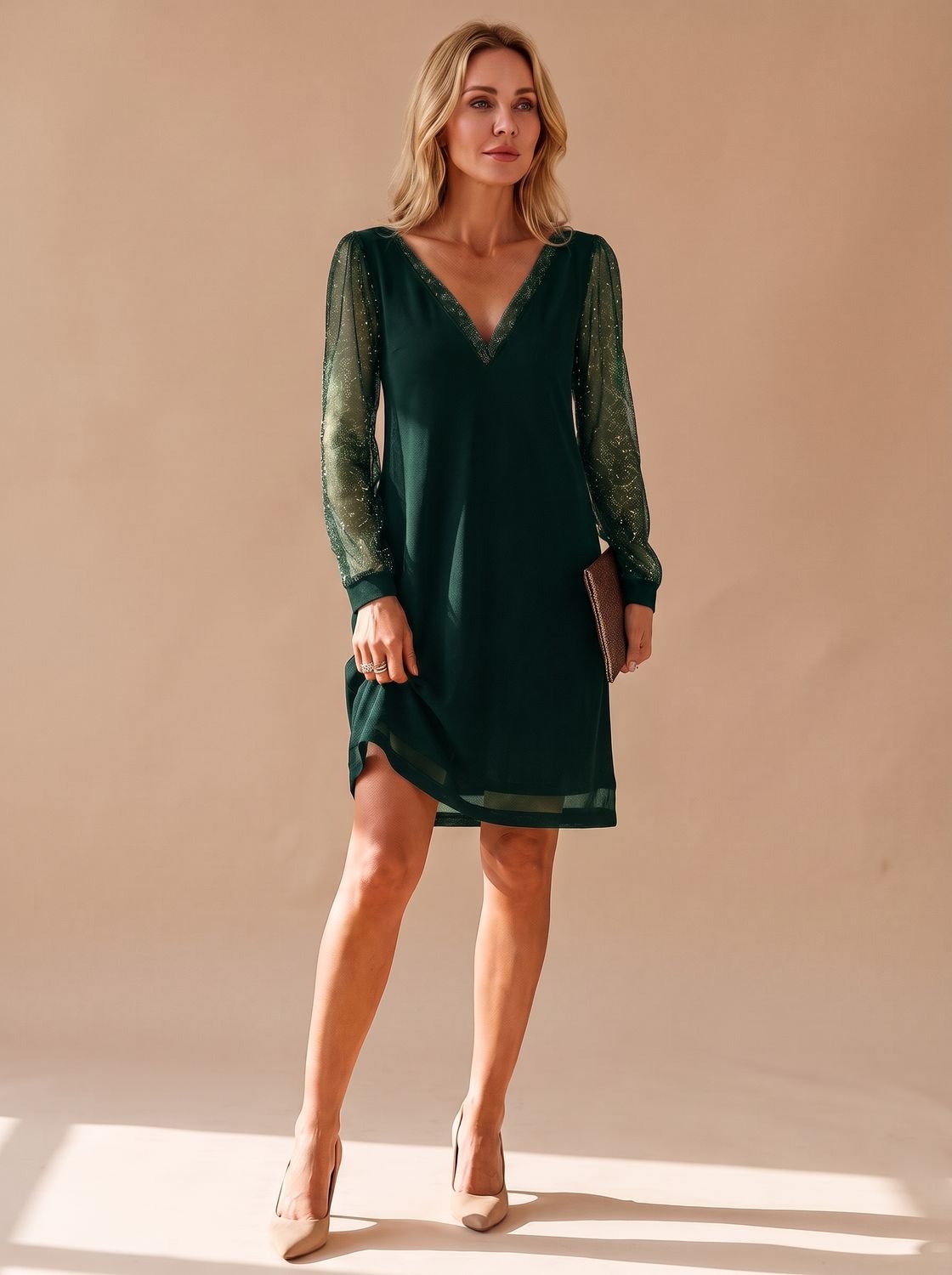 Women's Christmas Party Dress V Neck Glitter Mesh Long Sleeve Mini Cocktail Sparkly Bodycon - image 3