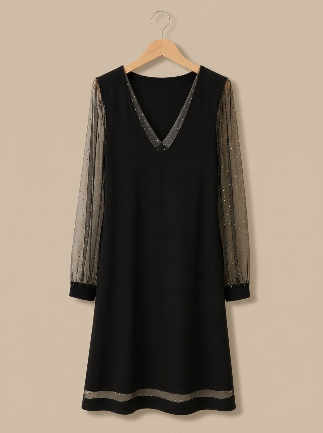Women’s Glitter Mesh Mini Party Dress with V-Neck and Long Sleeves