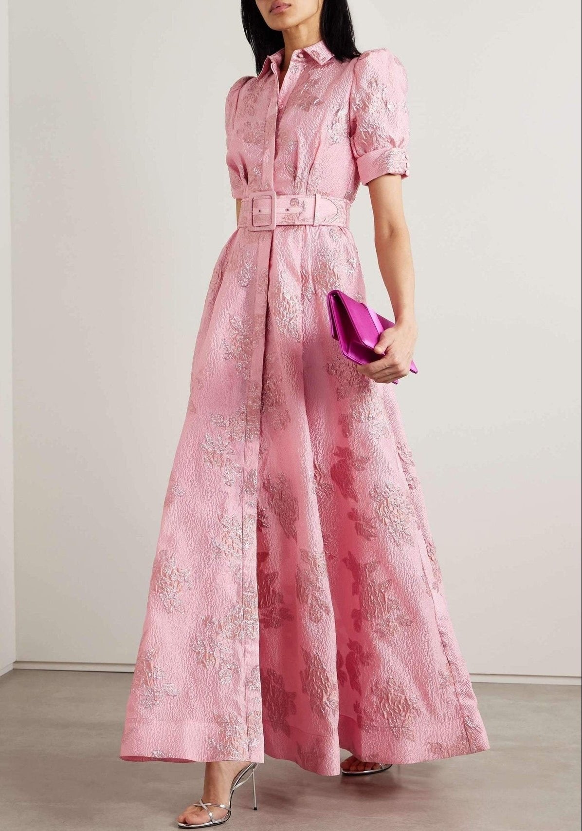 Women's Floral Maxi Dress Jacquard Puff Sleeve Belted A Line Formal Evening Gown Wedding Guest Long - image 1