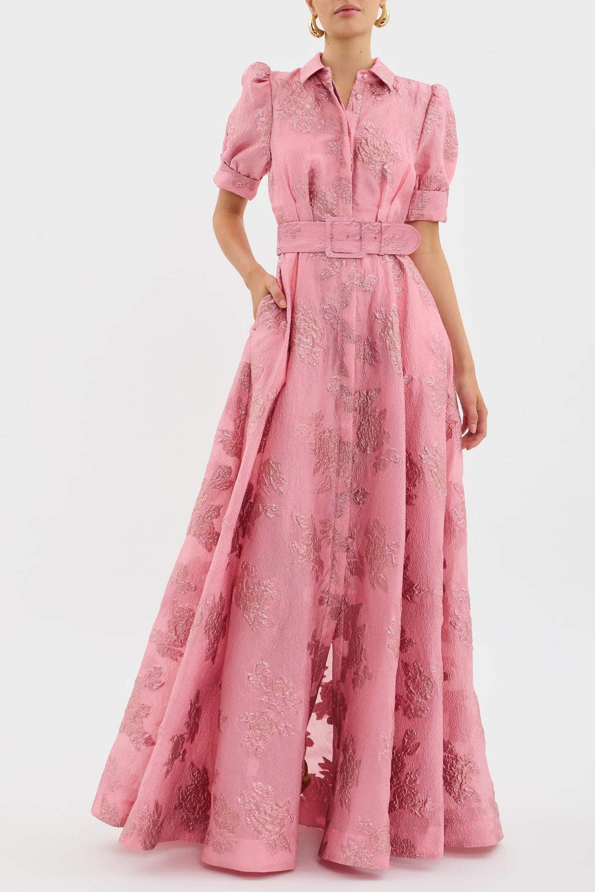 Women's Floral Maxi Dress Jacquard Puff Sleeve Belted A Line Formal Evening Gown Wedding Guest Long - image 2