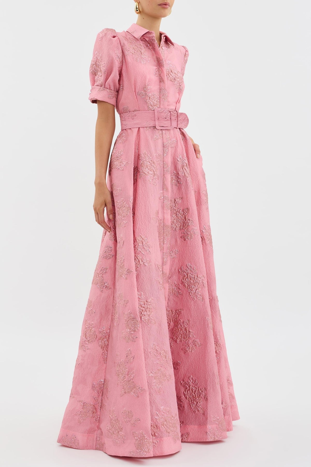 Women's Floral Maxi Dress Jacquard Puff Sleeve Belted A Line Formal Evening Gown Wedding Guest Long - image 3
