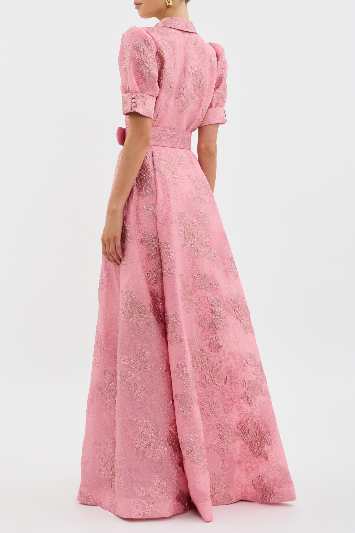 Women's Floral Maxi Dress Jacquard Puff Sleeve Belted A Line Formal Evening Gown Wedding Guest Long