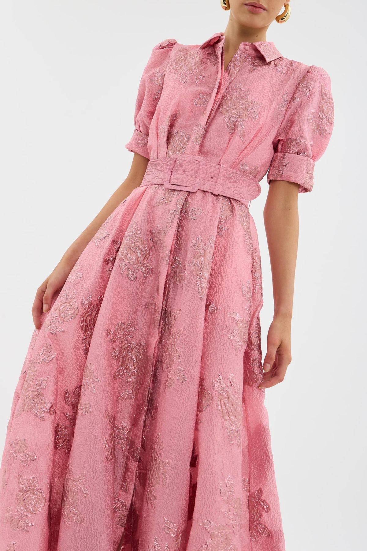 Women's Floral Maxi Dress Jacquard Puff Sleeve Belted A Line Formal Evening Gown Wedding Guest Long