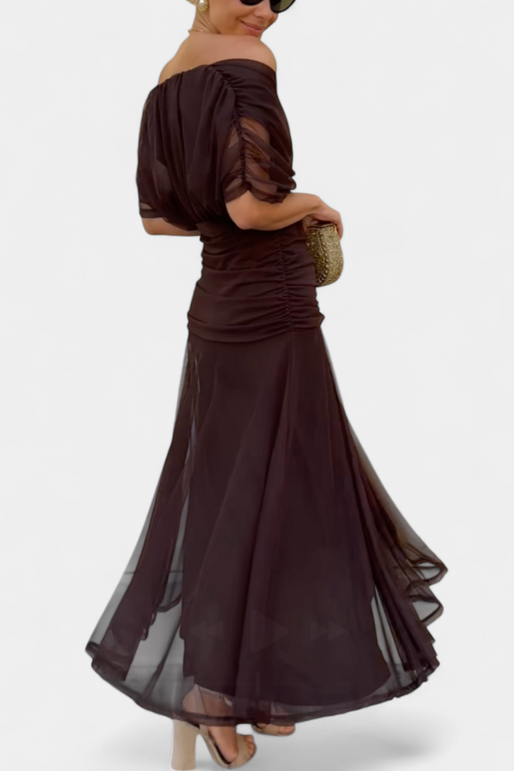 Women’s Floral Maxi Wedding Guest Dress with Off-Shoulder Flowy Fit