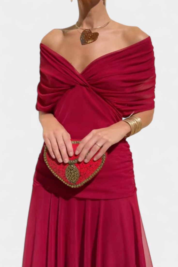 Women’s Floral Maxi Wedding Guest Dress with Off-Shoulder Flowy Fit