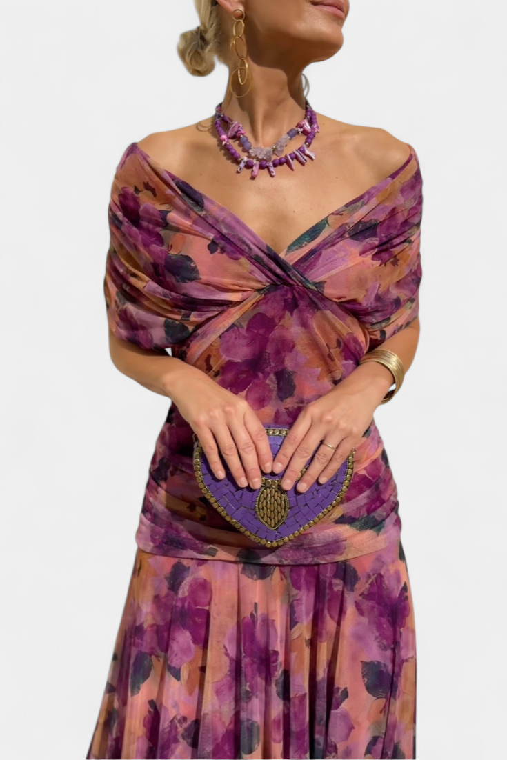 Women’s Floral Maxi Wedding Guest Dress with Off-Shoulder Flowy Fit