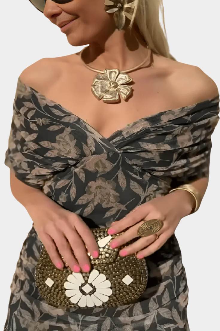 Women’s Floral Maxi Wedding Guest Dress with Off-Shoulder Flowy Fit