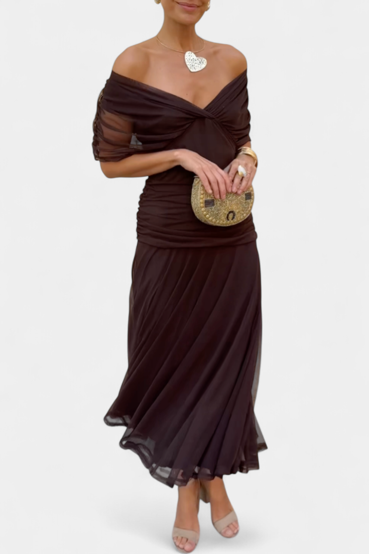 Women’s Floral Maxi Wedding Guest Dress with Off-Shoulder Flowy Fit